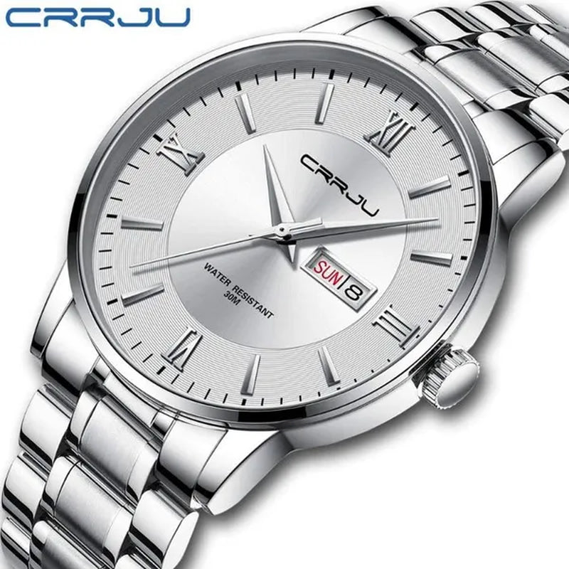 CRRJU Men's Minimalist Leisure Luxury Automatic Dating Watch Fashion Business Japanese Movement Quartz Waterproof Watch Men's Silver Stainless Steel Watch Band