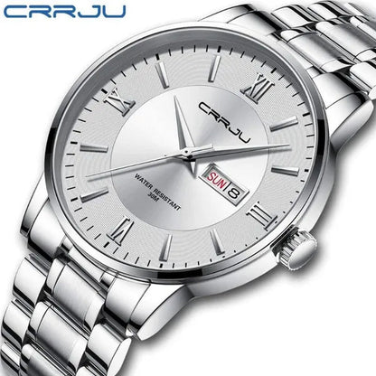 CRRJU Men's Minimalist Leisure Luxury Automatic Dating Watch Fashion Business Japanese Movement Quartz Waterproof Watch Men's Silver Stainless Steel Watch Band