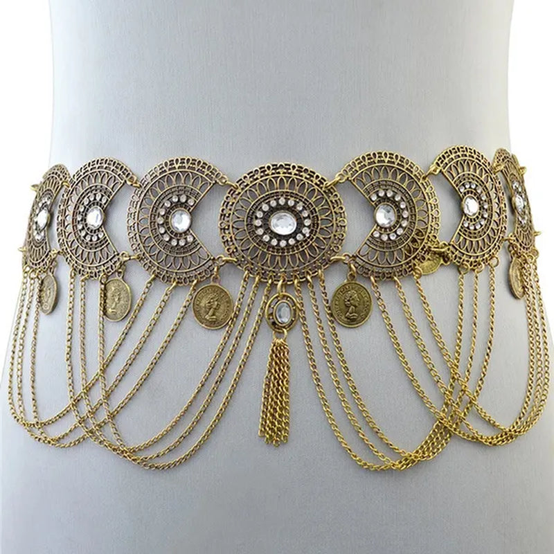 Women Belly Dance Belt Waist Metal Crystal Coin Tassel Body Chain Jewelry