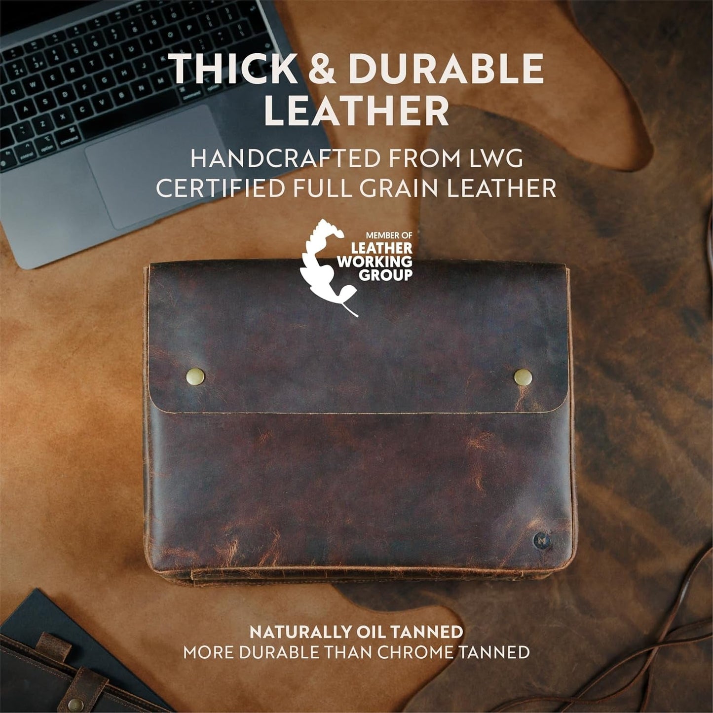 Leather Folder, Full Grain Leather File Folder Organizer Document Holder, Leather Portfolio for Men –Spacious Leather Folio Laptop Sleeve Case - Fits 13" 14" 15” Laptops, Macbook and Tablets