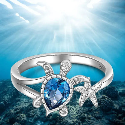 Unique Fashion Turtle Ring Sea Turtle Starfish Rings for Women Blue Stone Cute Ocean Gifts Animal Zircon Ring Girl Birthday Party Wedding Jewelry