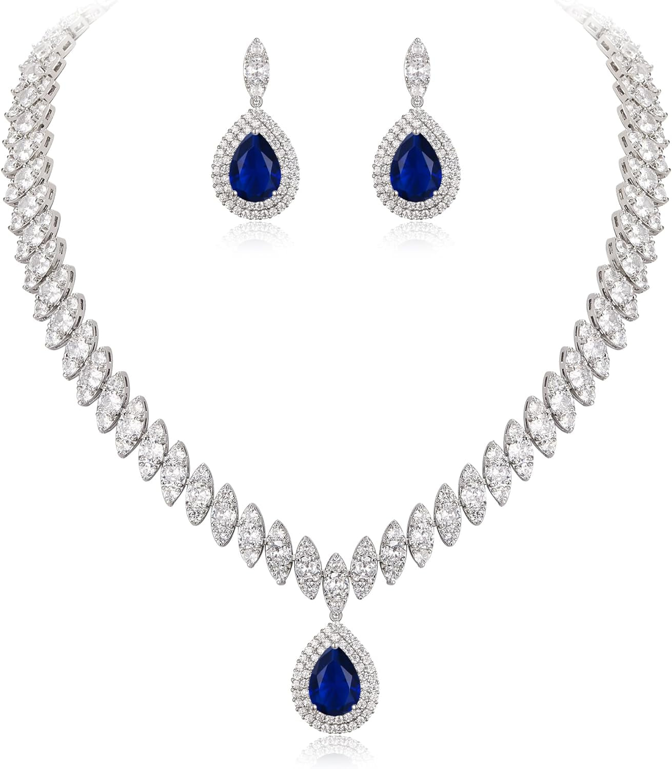 Women'S CZ Marquise-Shaped Leaf Teardrop Pendant Necklace Earrings Set Silver-Tone