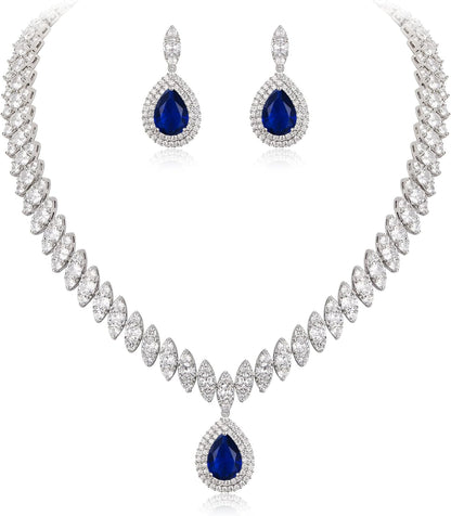 Women'S CZ Marquise-Shaped Leaf Teardrop Pendant Necklace Earrings Set Silver-Tone