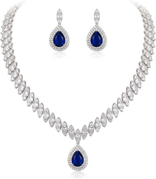 Women'S CZ Marquise-Shaped Leaf Teardrop Pendant Necklace Earrings Set Silver-Tone