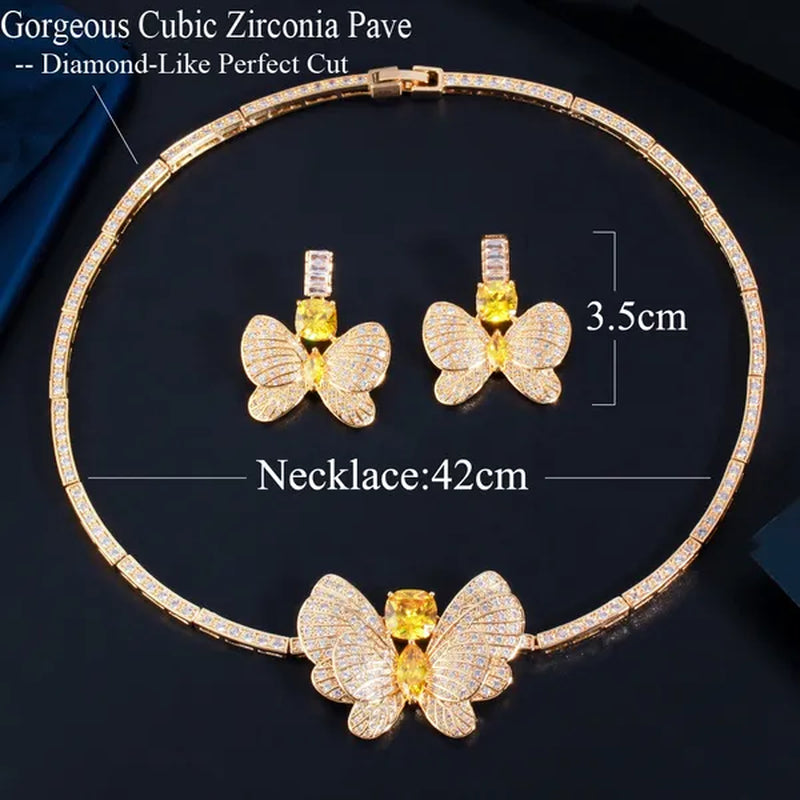 CANDICE Statement Citrine Butterfly Design Pendant Earrings Choker Necklace Micro CZ Temperament Luxury Jewelry Set Dress Accessories