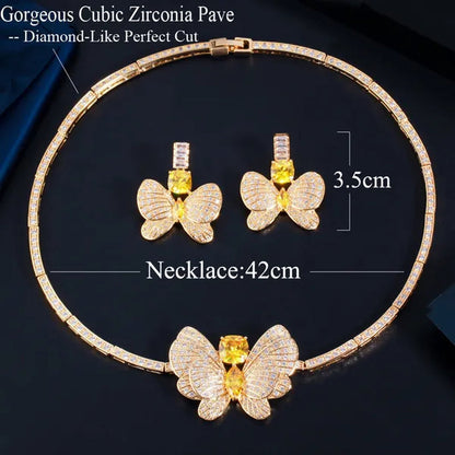 CANDICE Statement Citrine Butterfly Design Pendant Earrings Choker Necklace Micro CZ Temperament Luxury Jewelry Set Dress Accessories