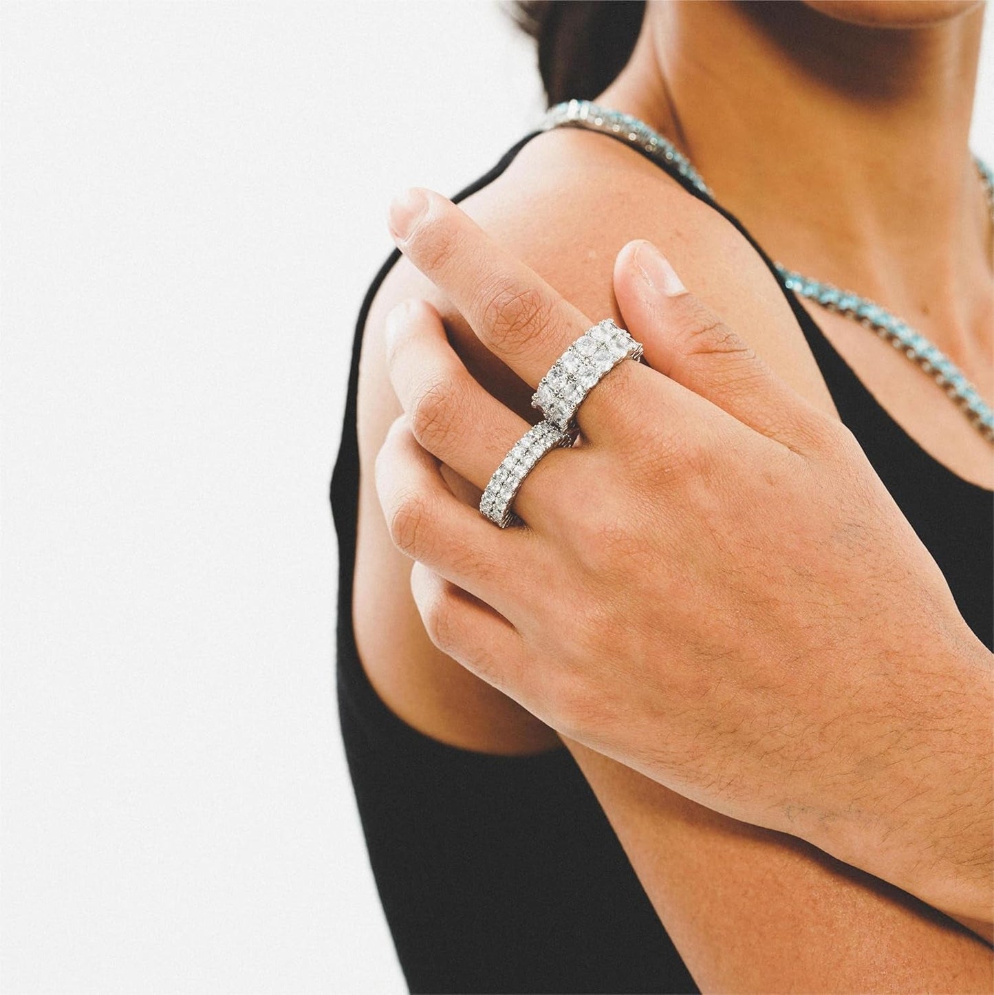 Rings for Men - Men'S 14K Gold Plated Brass, Chunky Faux Diamond Band Ring for Women, Unisex, 9Mm - 2 Rows round Cubic Zirconia Eternity