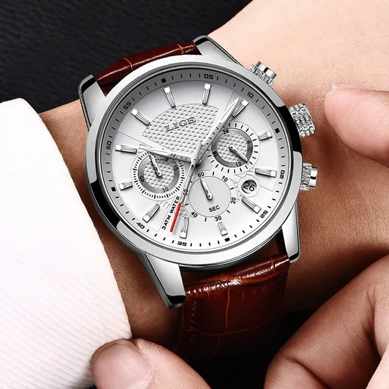 2019 LIGE New Fashion Gift Men Watch Leather Analog Quartz watches  Waterproof Chronograph Watch Sport Date Watch