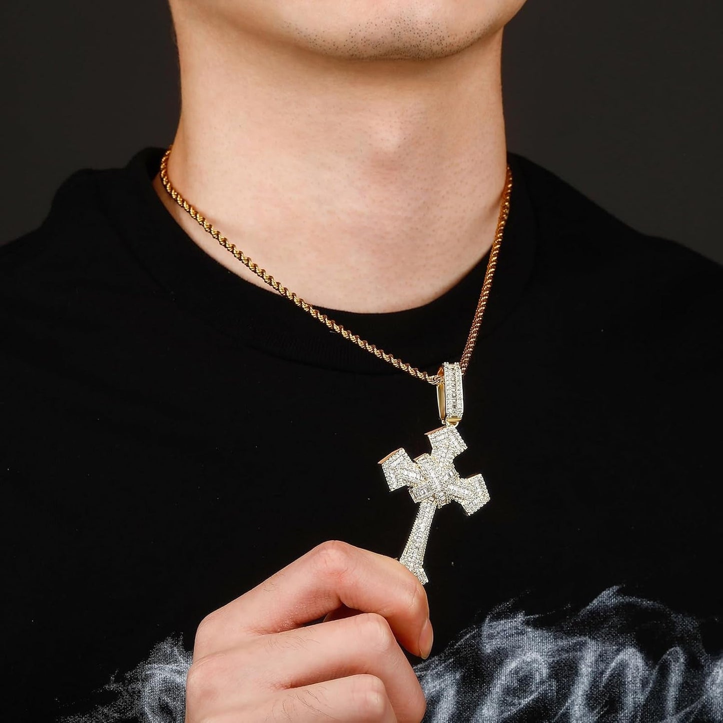 14K Gold over S925 Vintage Cross Pendant with Sparkling Pavé Moissanite – Distinctive Hip-Hop Men'S Necklace, the Beautiful Gift for Birthdays & Special Occasions,Father'S Day Gift