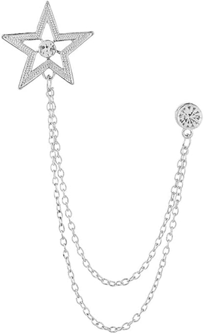 Vintage Star Long Chain Lapel Brooch Pin with Hanging Tassel Rhinestone CZ Button Pins for Women Men Suit Dress Tuxedo Tie Shirt Jacket Backpack Jewelry Gifts for Bridegroom