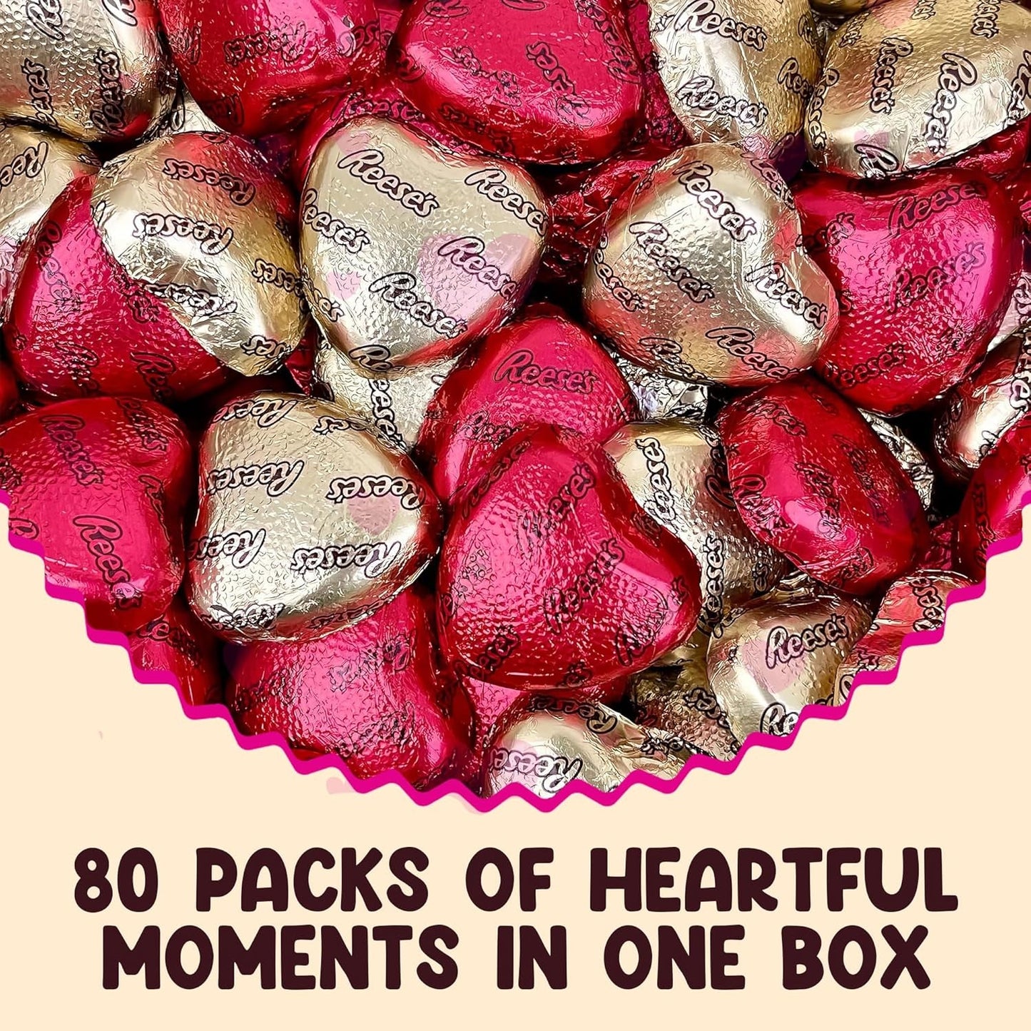 Reeces Peanut Butter Hearts Chocolate Bulk - 2 Pounds Approx 80 Hearts Gold & Red Foil - Individually Wrapped Candy Snacks - Milk Chocolate Reeces Peanut Butter Hearts - Perfect Chocolate Gift - Snacks for Adults and Kids, Ideal for Chocolate Gift Basket