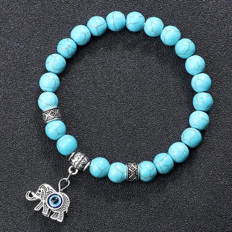 Turkey Evil Eye Beaded Bracelets Butterfly Buddhist Palm Hand Owl Turtle Alloy Pendant Bracelet Women Men Lucky Stretch Bangles Jewelry