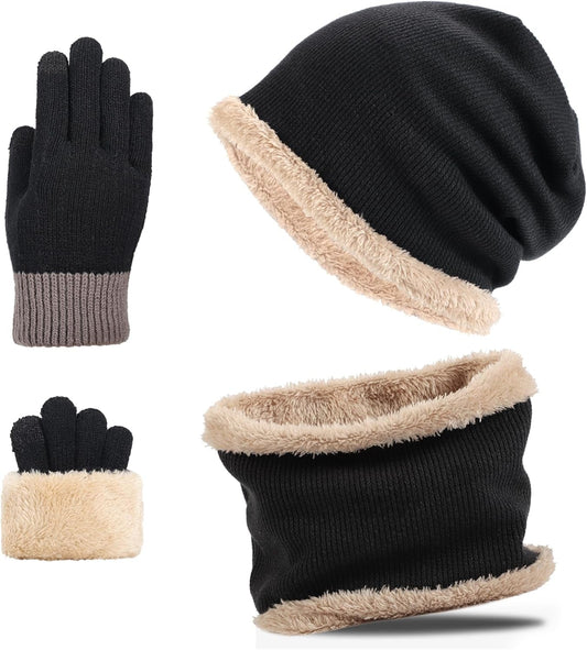 Warm Winter Beanie Hat & Scarf Gloves Set Stylish Knit Skull Cap for Men Women (01 Black)