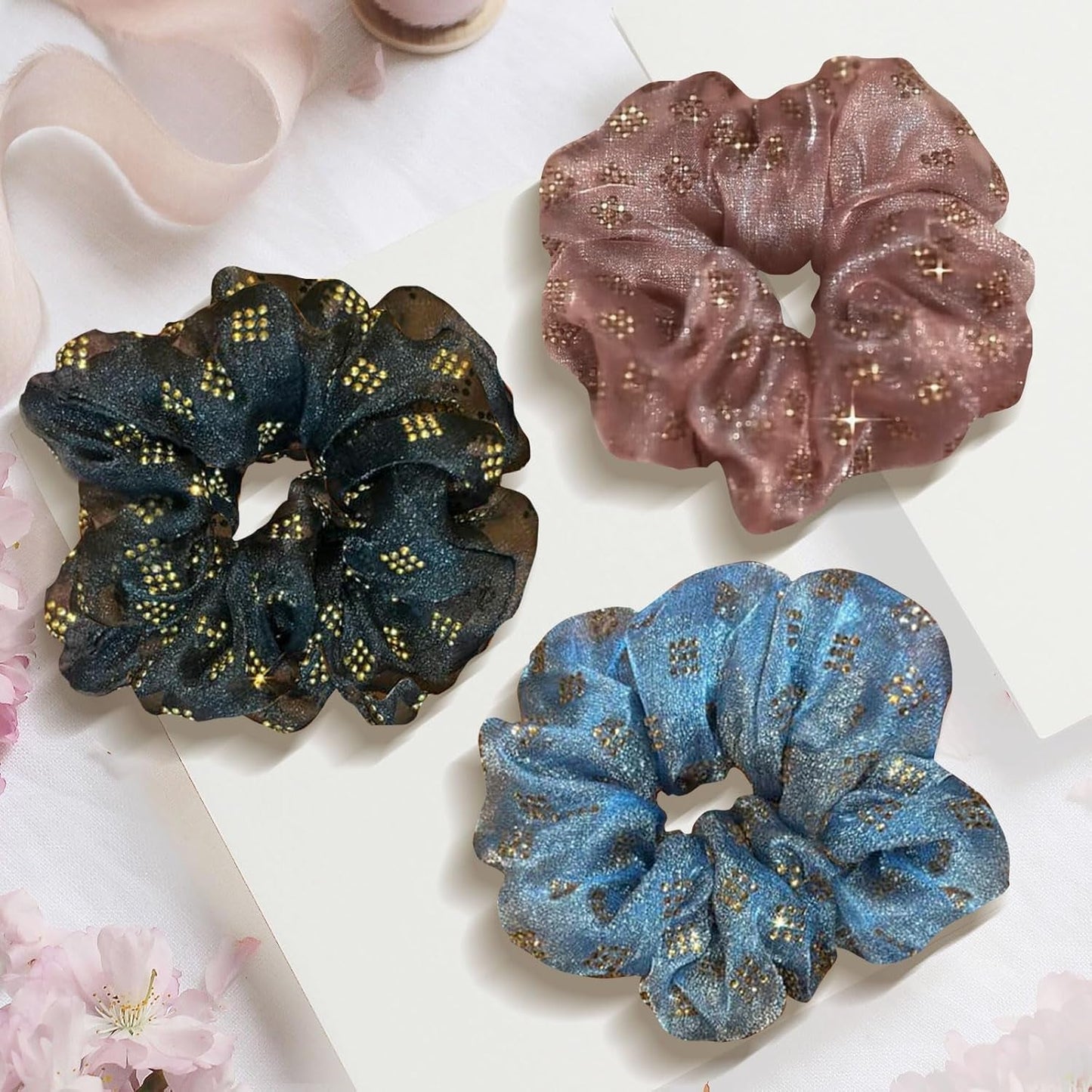 YFKEJI 3 Packs Flower Hair Scrunchies for Women, Large Organza Elastic Plaid Hair Ties, Sparkling Hot Drill Ponytail Holders, Hair Accessories for Parties, Daily Use (G#)