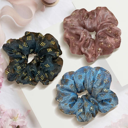 YFKEJI 3 Packs Flower Hair Scrunchies for Women, Large Organza Elastic Plaid Hair Ties, Sparkling Hot Drill Ponytail Holders, Hair Accessories for Parties, Daily Use (G#)