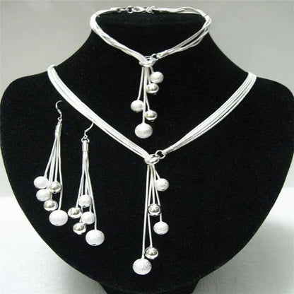 Women's Fashion 925 Sterling Silver Five-line Snake Chain Matte Smooth Bead Pendant Necklace Bracelet Earring Jewelry Set
