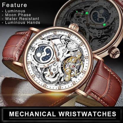 KINYUED Mechanical Automatic Watch Men Tourbillon Wristwatch Sports Clock Mechanism Self Winding Watches Casual Moon Horloge Man Watches