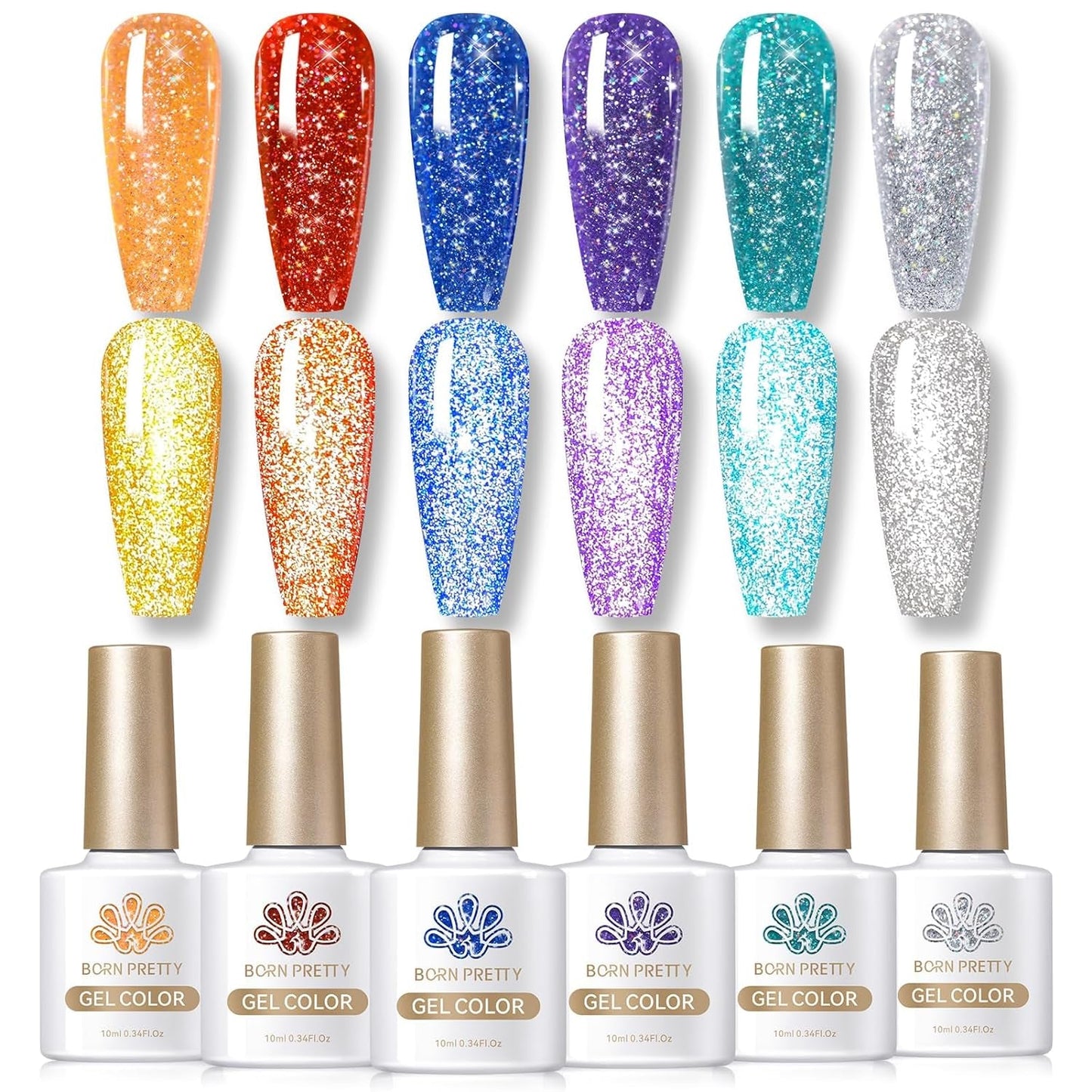 Reflective Glitter Gel Polish Colorful Sparkly Shiny Disco DJ LED Gel Nail Polish Nail Varnish 6PCS 10ML