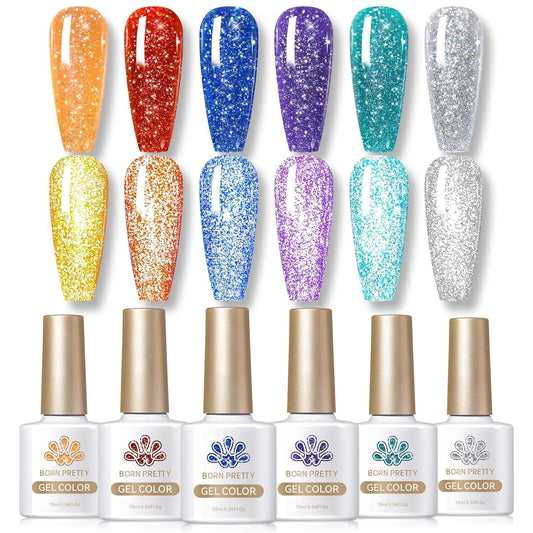Reflective Glitter Gel Polish Colorful Sparkly Shiny Disco DJ LED Gel Nail Polish Nail Varnish 6PCS 10ML