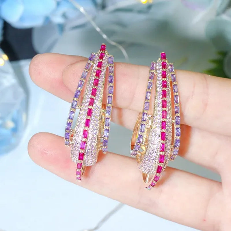CANDICE Dubai Luxury Trendy Ear Jewelry Full Micro Pave Rose Red Purple CZ Crystal Hollow-out Design Arc Hoop Earrings for Dinner Party