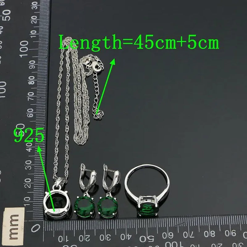 925 Sterling Silver Bridal Jewelry Sets Green Emerald Drop Earrings Ring Pendant Necklace Bracelet 4pcs Birthday Gift for Women