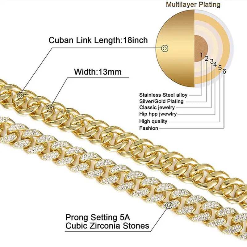 Fashion Gold Stainless Steel Hip Hop Jewelry Iced Out Diamond Thick Miami Cuban Link Chain Necklace Bracelet Watch Ring Jewelry Set