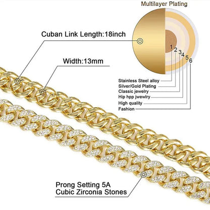 Fashion Gold Stainless Steel Hip Hop Jewelry Iced Out Diamond Thick Miami Cuban Link Chain Necklace Bracelet Watch Ring Jewelry Set