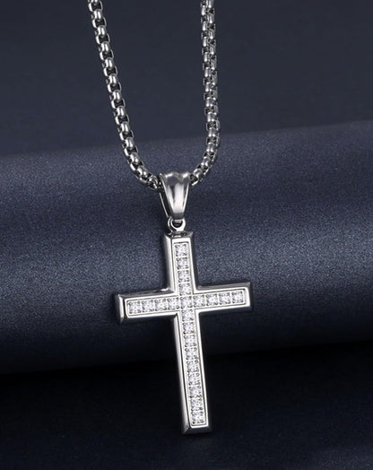 Cross Necklace for Men Stainless Steel Crucifix Pendant Silver White Gold Yellow Black Jesus Christ Plain Simple Women Fine Jewelry Gifts, 24 Inches Rolo Chain, Zirconia, Polished, Rope