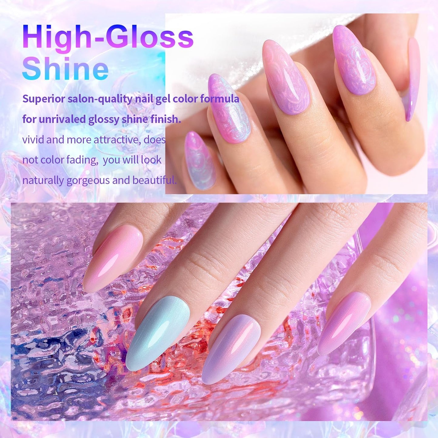 Pearlescent Gel Nail Polish Set Mermaid Dreams Iridescent Shell Glitter Gel Polish 6 Colors Pink Blue Green Purple Gold Shimmer Swirl Thread Effect Soak off LED UV Curing Requires Home Salon