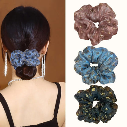 YFKEJI 3 Packs Flower Hair Scrunchies for Women, Large Organza Elastic Plaid Hair Ties, Sparkling Hot Drill Ponytail Holders, Hair Accessories for Parties, Daily Use (G#)