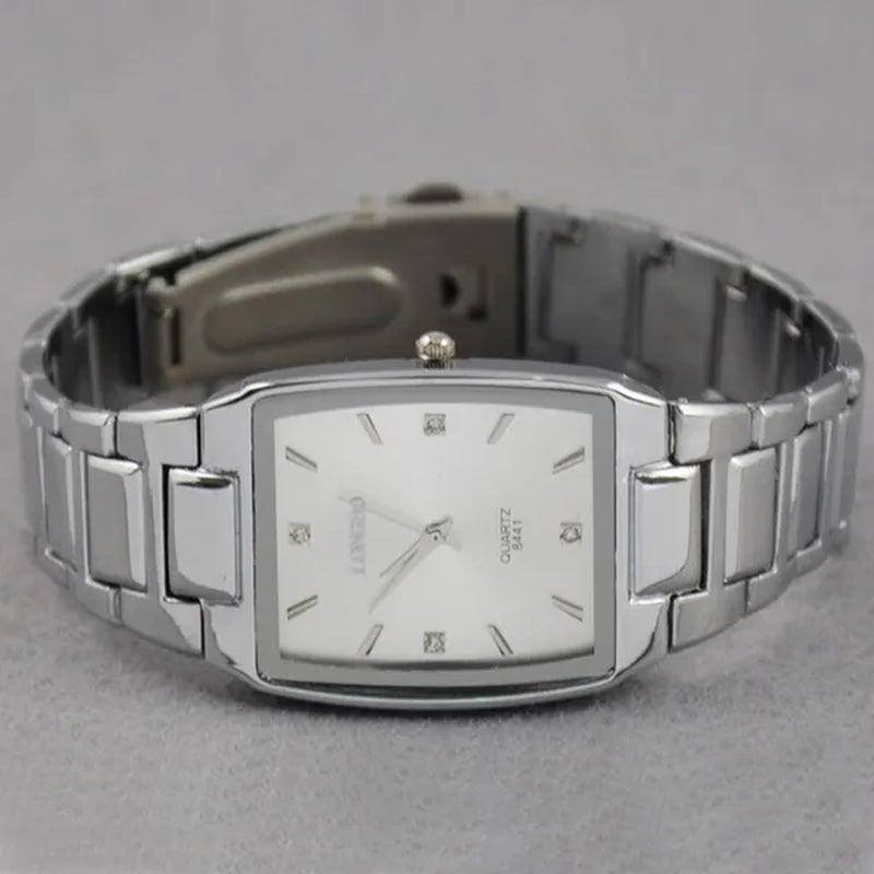 Fashion Men Stainless Steel Square Dial Quartz Wrist Watch Casual Diamond Bracelet Black White