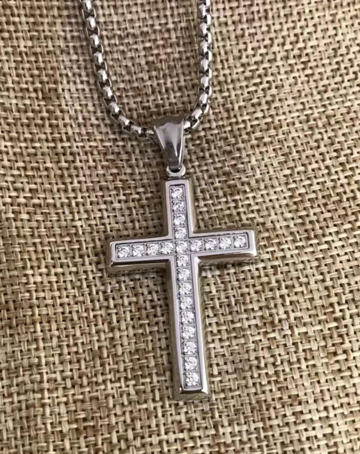 Cross Necklace for Men Stainless Steel Crucifix Pendant Silver White Gold Yellow Black Jesus Christ Plain Simple Women Fine Jewelry Gifts, 24 Inches Rolo Chain, Zirconia, Polished, Rope