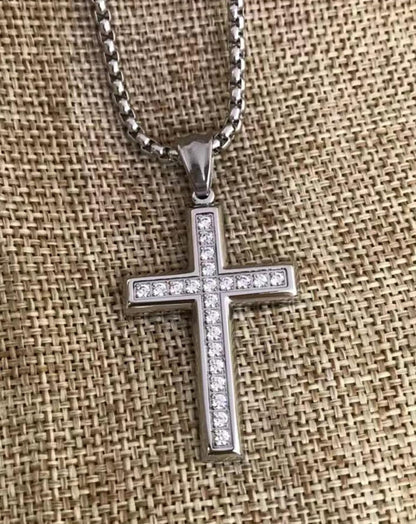 Cross Necklace for Men Stainless Steel Crucifix Pendant Silver White Gold Yellow Black Jesus Christ Plain Simple Women Fine Jewelry Gifts, 24 Inches Rolo Chain, Zirconia, Polished, Rope