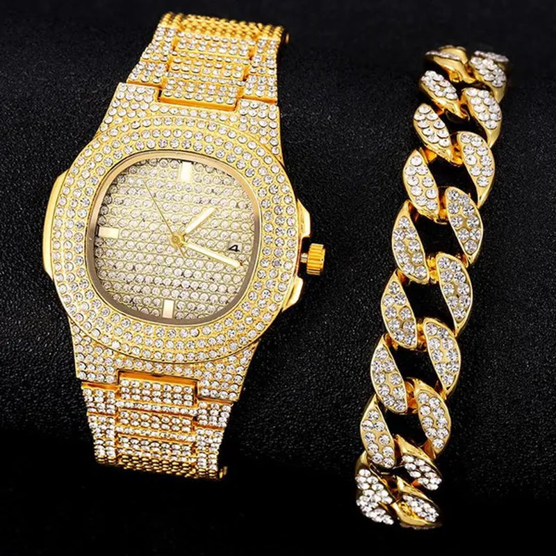 2 Pcs/set Luxury Full Iced Out Watch Mens Cuban Link Chain Bracelet Watch Bling Jewelry for Men Big Gold Chains Hip Hop Men Watch Set