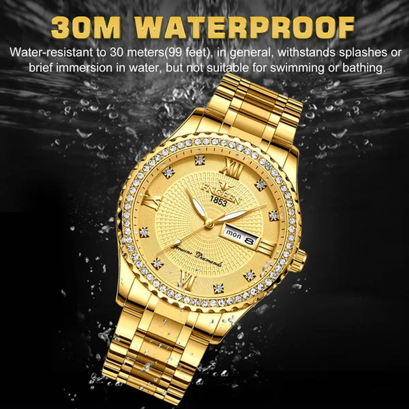 Men Watch, 30M Waterproof Stainless Steel Wrist Watches, Business Dress Casual Analog Quartz Diamond Watch, Classic Luxury Chronograph Wristwatches for Men