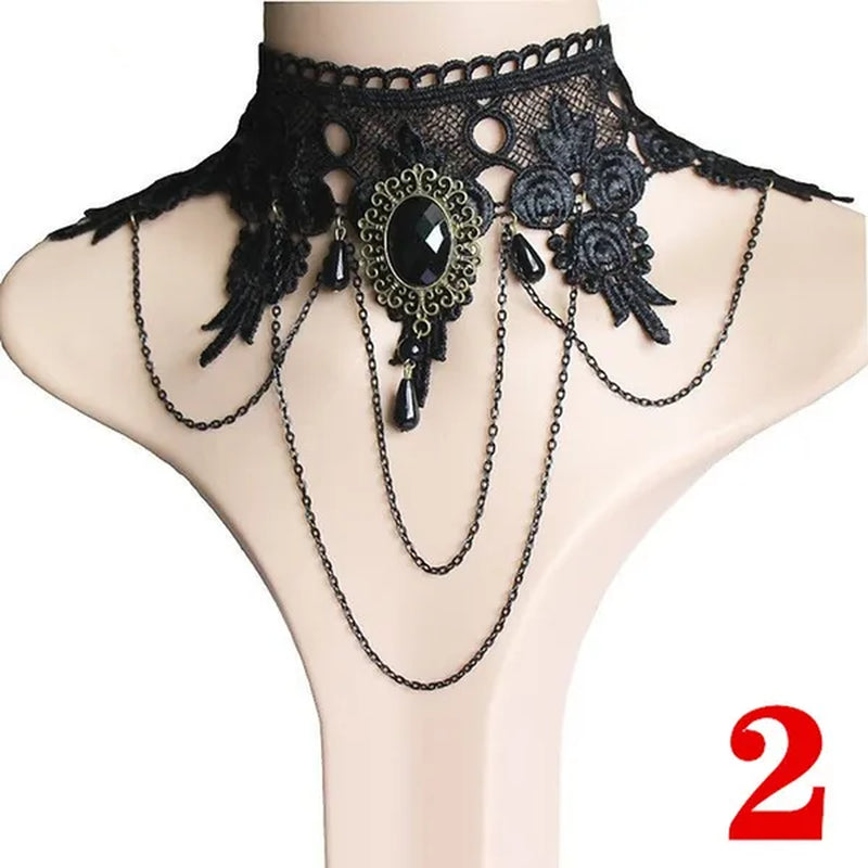 1 PCS Black Lace Necklace Chokers Vintage Style Female Gothic Wedding Red Rose Crystal Diamond Pendant Collarbone Necklace Chain Accessories for Women Girls(10 Style)