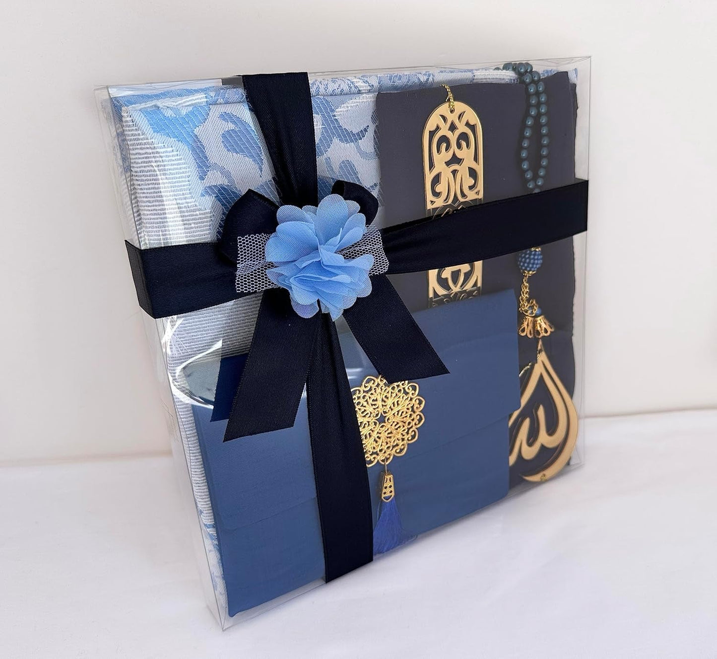 Muslim Prayer Rug, 7 in One Gift Set, Prayer Mat Surah Book, Tasbeeh, Scarf, Surah Case, Bookmark, Car Mirror Hanger, Prayer Beads,Islamic Gift for Umrah, Hajj, Wedding, Janamaz (Blue)