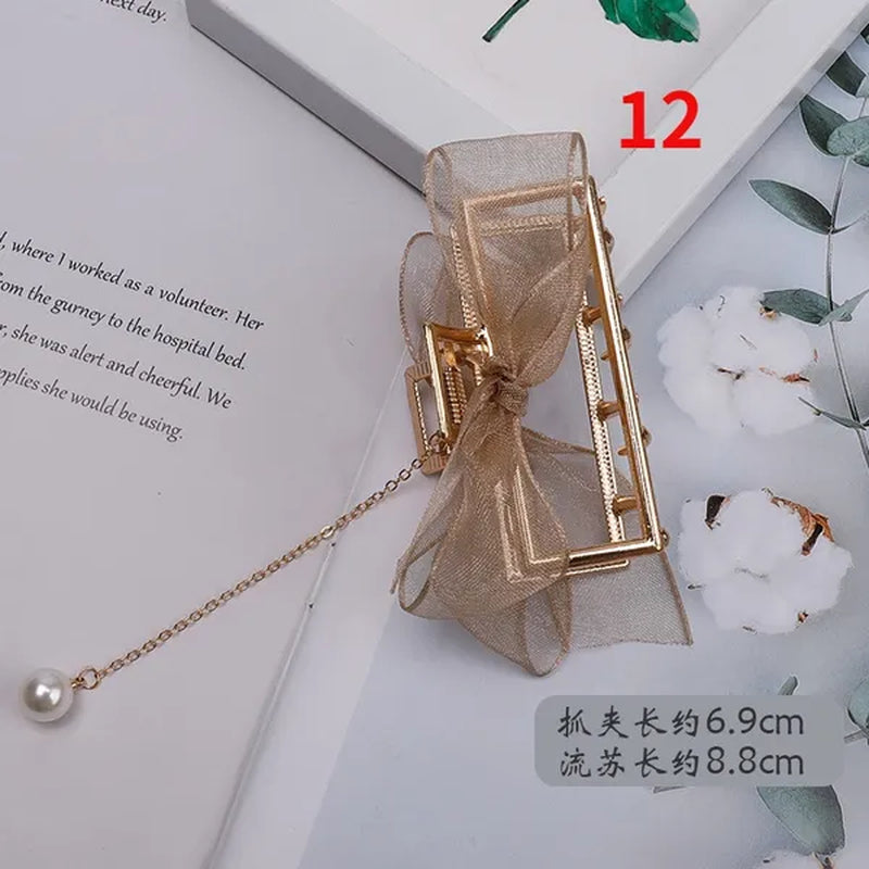 Bow Ribbon Pearl Pendant Tassel Hair Claw Hair Accessories Headdress Metal Grab Clip Hair Clip Shark Clip