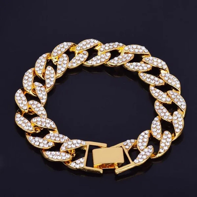 2 Pcs/set Luxury Full Iced Out Watch Mens Cuban Link Chain Bracelet Watch Bling Jewelry for Men Big Gold Chains Hip Hop Men Watch Set
