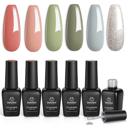 SOUTHERN BELLE Glitter Nude Gel Polish Set - 6 Pcs Coral Green Light Blue Gel Polish Kit Soak off Uv Nail Gel Base and Top Coat Needed Varnish Salon Nail Art Design