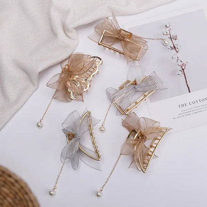 Bow Ribbon Pearl Pendant Tassel Hair Claw Hair Accessories Headdress Metal Grab Clip Hair Clip Shark Clip