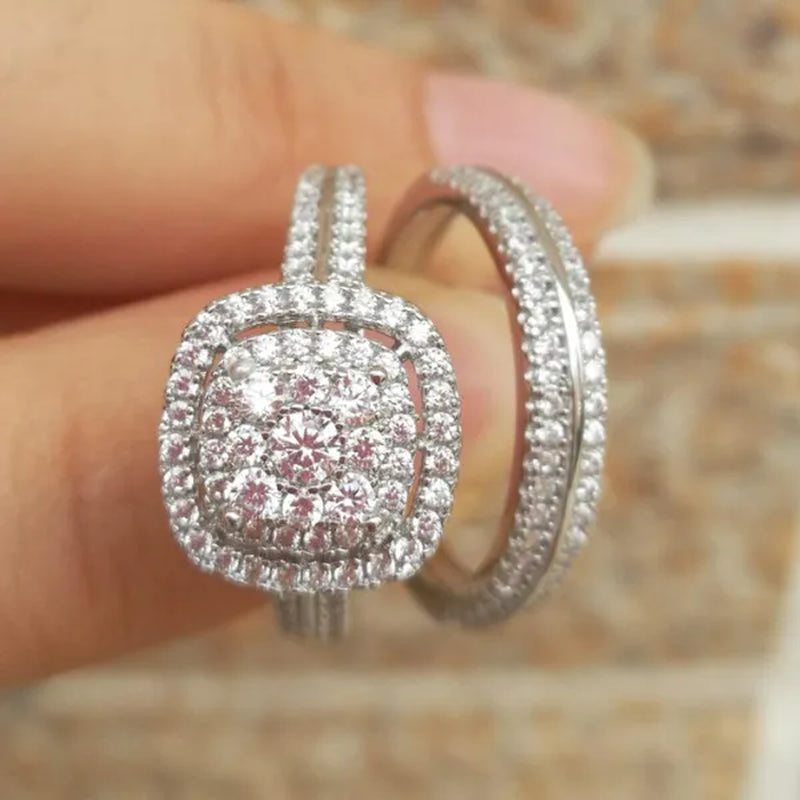 Wedding Rings 2 Pcs/Set Micro Pave Moissanite Square Rings for Women Princess Engagement Proposal Gift