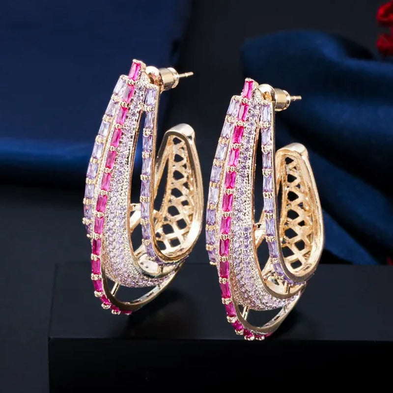 CANDICE Dubai Luxury Trendy Ear Jewelry Full Micro Pave Rose Red Purple CZ Crystal Hollow-out Design Arc Hoop Earrings for Dinner Party