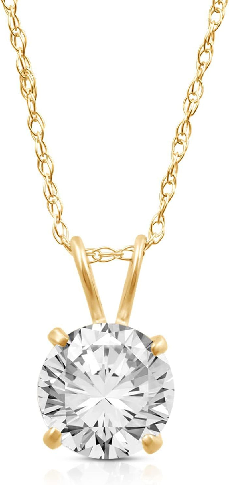 10K Solitaire Pendant Necklace for Women | Yellow or White Gold 6.5MM (1 Cttw) or 7.5MM (1.5 Cttw) or 8.0MM (2.0 Cttw) round Cut Cubic Zirconia Necklace | 18” Rope Chain | with Jewelry Gift Box