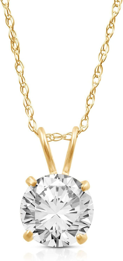 10K Solitaire Pendant Necklace for Women | Yellow or White Gold 6.5MM (1 Cttw) or 7.5MM (1.5 Cttw) or 8.0MM (2.0 Cttw) round Cut Cubic Zirconia Necklace | 18” Rope Chain | with Jewelry Gift Box