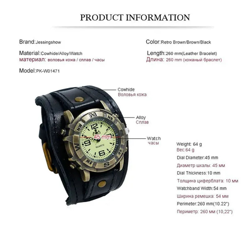 Vintage Retro Big Wide Genuine Leather Strap Watch Men Punk  Quartz Cuff Watch Wristwatches Bracelet Bangle Relogio Masculino