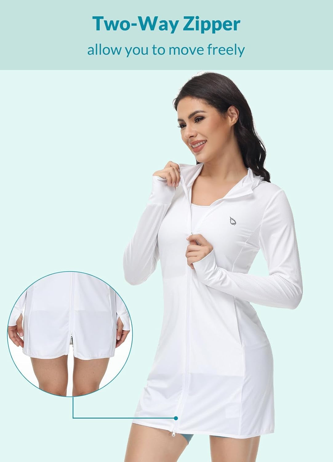 Women'S Long Sleeve Zip Beach Coverup UPF 50+ Sun Protection Hooded Cover up Shirt Dress with Pockets