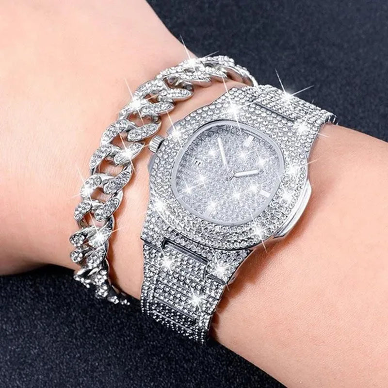 Fashion Gold Stainless Steel Hip Hop Jewelry Iced Out Diamond Thick Miami Cuban Link Chain Necklace Bracelet Watch Ring Jewelry Set