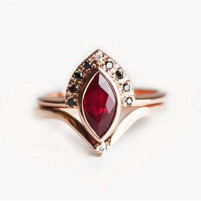Unique Natural Rhombus 2 in 1 Ruby Engagement  Rose Gold Ring Marquise Bridal  Wedding Ring With Black Diamonds Women Ruby Ring Diamond Fine Jewelry