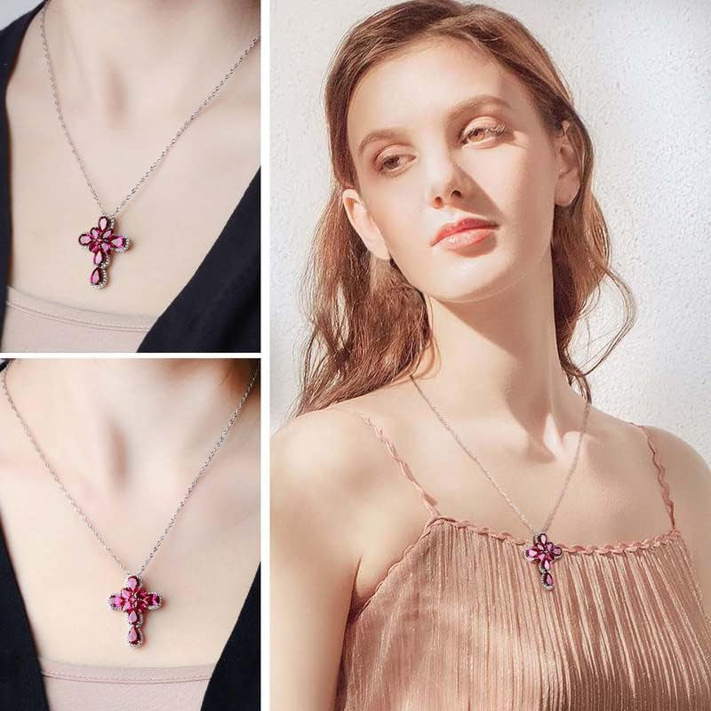 Womens Gemstone Cross Pendant Necklace 925 Sterling Silver Created Ruby Peridot Religious Christian Jesus Jewelry Water Wave Chain 18+2 Inches